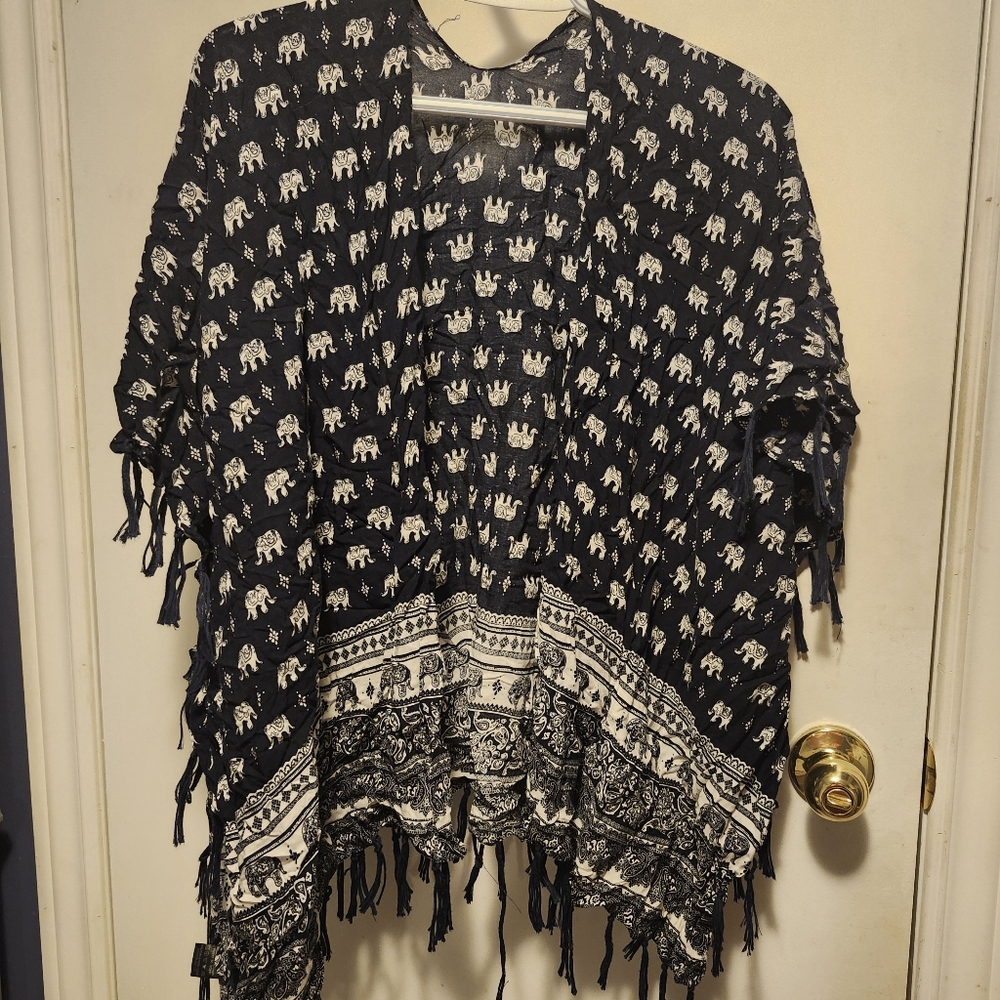 Elephant Print Kimono with Fringe